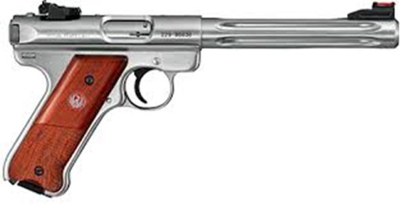 Picture of Ruger Mark III Hunter Rimfire Semi-Auto Pistol - 22 LR, 6.88", Satin Stainless, Fluted Bull Barrel, Stainless Steel, Brown Laminate Grips, 2x10rds, Fiber Optic Front & Adjustable Rear Sights