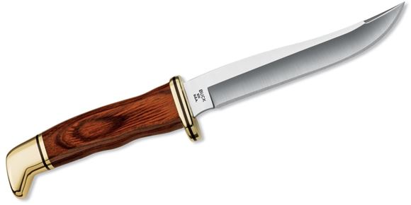 Picture of Buck Hunting Knives - 105 Pathfinder Knife, Satin Finish 420HC Stainless Steel, 5" Modified Clip Fixed Blade, Cocobola Dymondwood Handle, Burgundy Genuine Leather Sheath