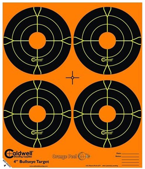 Picture of Caldwell Shooting Supplies Paper Targets - Orange Peel Bullseye Targets, 4", Orange, Adhesive-Backed, Featuring Dual-Color Flake-Off Technology, 25 Sheet Pack