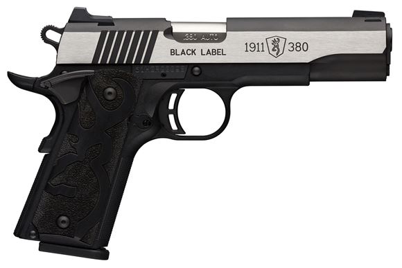 Picture of Browning 1911-380 Black Label Medallion Pro Single Action Semi-Auto Pistol - 380 ACP, 4-1/4", Blacked Slide w/ Polish Flats, Matte Black Composite Frame, Stippled Browning Logo Grip Panels, 8rds, Tritium Sights, Ambi Safety