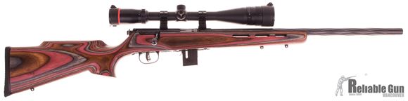 Picture of Used Savage 93R17, Bolt Action Rifle, 17 HMR, Red/Brown Laminate Stock, Fluted Barrel, Bushnell Trophy 6-18x40 Scope, 1 Magazine Very Good Condition