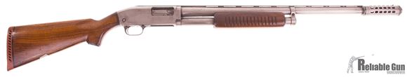 Picture of Used JC Higgins Model 20 Pump Action Shotgun, 12-Gauge, 22'' Barrel w/Ported Long Range Choke, Wood Stock, Blueing Worn Off, Fair Condition
