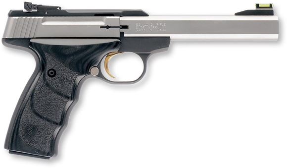 Picture of Browning Buck Mark Plus Stainless UDX Rimfire Single Action Semi-Auto Pistol - 22 LR, 5-1/2", Slab Side, Polished Flats Stainless, Matte Black Aluminum Alloy Receiver, Black Laminated Ultragrip DX Ambidextrous Grips, 10rds, TruGlo/Marble Fiber-Optic Fron