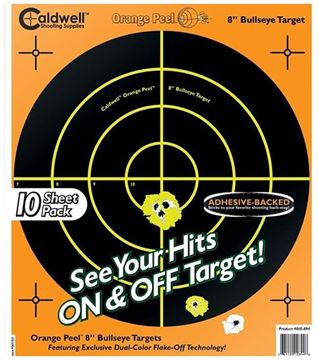 Picture of Caldwell Shooting Supplies Paper Targets - Orange Peel Bullseye Targets, 8", Orange, Adhesive-Backed, Featuring Dual-Color Flake-Off Technology, 10 Sheets Pack