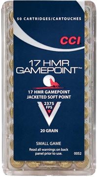 Picture of CCI Small Game Rimfire Ammo - Gamepoint, 17 HMR, 20Gr, JSP, 50rds Box, 2375fps