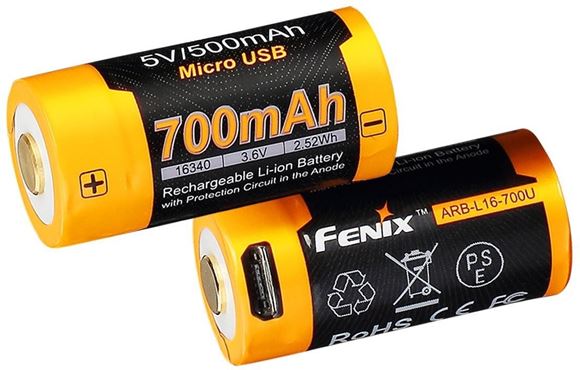 Picture of Fenix Accessories, Rechargeable Battery - ARB-L16, Rechargeable 16340 Li-ion Battery, 3.6V, 700mAh, Micro Usb Port