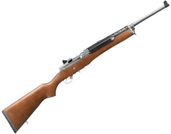 Picture of Ruger Mini-14 Ranch Semi-Auto Rifle - 5.56mm NATO/223 Rem, 18.50", Stainless Steel, Hardwood Stock, 5rds, Blade Front & Adjustable Rear Sights