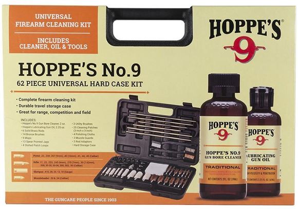 Picture of Hoppe's No. 9 62 Piece Universal Cleaning Kit - All Calibers, 14 Bronze Brushes, 6 Solid Brass Rods, 13 Spear Jags, Muzzle Guard, Patch Loops, No.9 Gun Bore Cleaner 2oz & Gun Oil 2.25oz, 3 Utility Brushes, Hard Case
