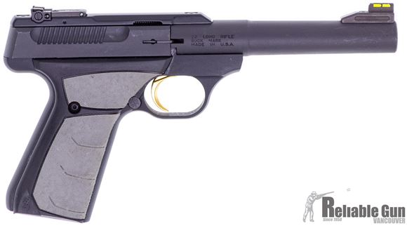 Picture of Used Browning Buck Mark Camper UFX Rimfire Single Action Semi-Auto Pistol - 22 LR, 5-1/2", Tapered Bull, Matte Blued, Matte Black Aluminum Alloy Receiver, Overmolded Ultragrip FX Ambidextrous Grips, 10rds, Pro-Target Adjustable Sights, Good Condition