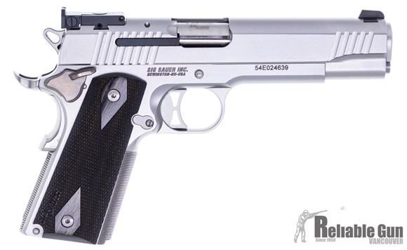 Picture of Used SIG SAUER 1911 Traditional Match Elite Stainless Single Action Semi-Auto Pistol - 9mm, 5.0", Stainless, Traditional Slide, Custom Wood Grips, 2x9rds, Adjustable Target Sights, Excellent Condition