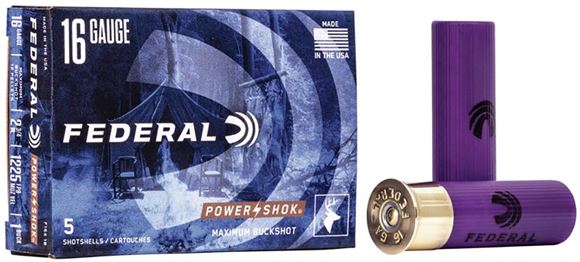Picture of Federal Power-Shok Shotgun Ammo - 16Ga, 2-3/4'', MAX DE, #1 Buck, 12 Pellets, 1225fps, 50rds Brick