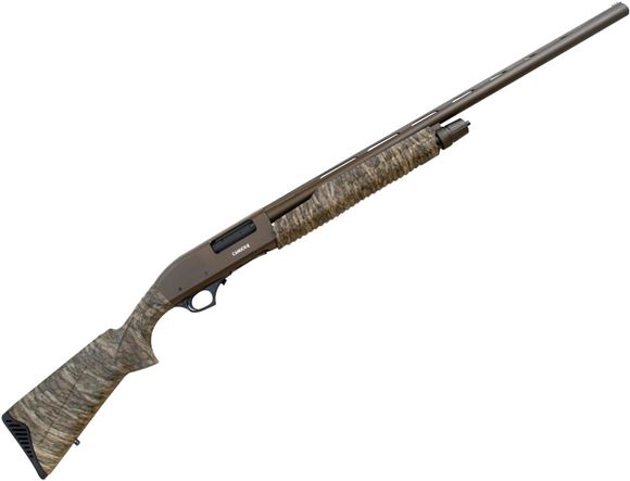 Picture of Canuck Hunter Pump Action Shotgun - 12ga, 3", 28", Chrome Lined, Midnight Bronze 2 Tone Finish, Fiber-Optic Front Sight, Mossy Oak Bottomlands Camo, 4rds, Mobil Chokes (F,M,IC)