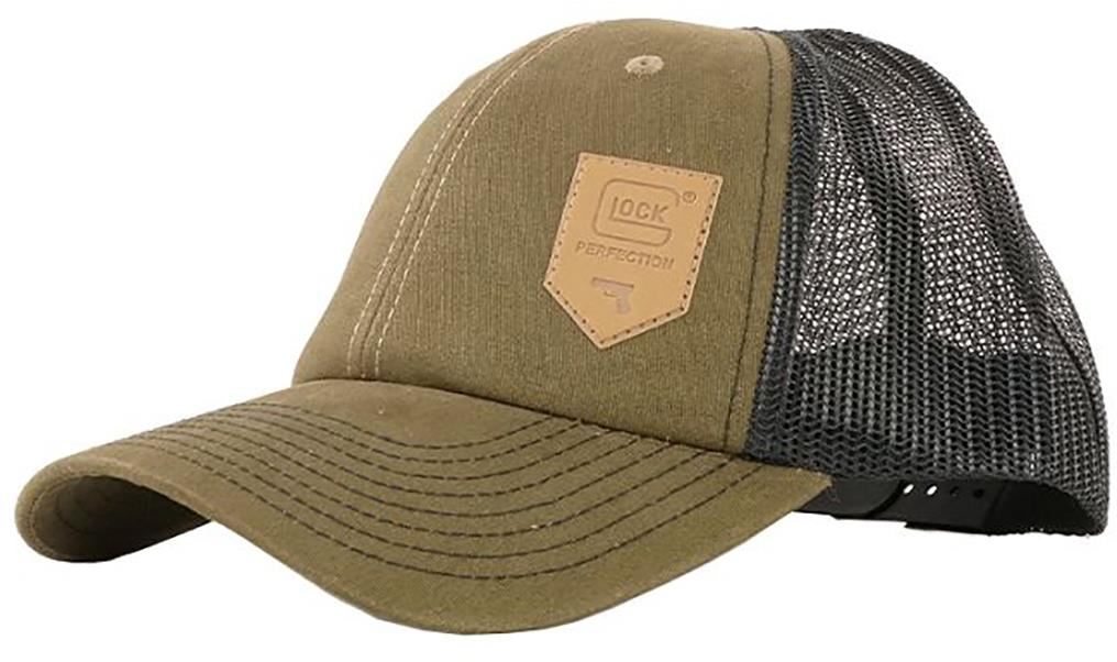 Glock Accessories, Hats Glock Trucker Hat, Olive w/ Leather Logo