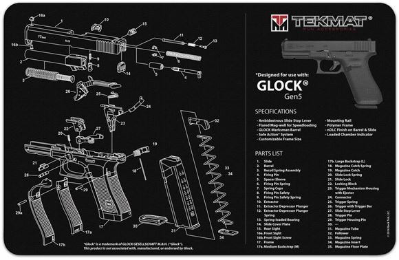Picture of Tekmat, Glock Gen 5 Bench Mat - Extra Thick Black Neoprene, with Exploded Parts View, 11"x17"