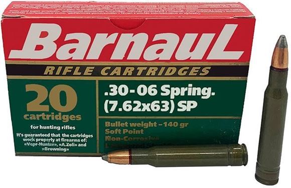 Picture of BarnauL Rifle Ammo - 30-06 Sprg (7.62x63mm), 140Gr, Soft Point, Brass Plated Steel Case, Non-Corrosive, 20rds Box