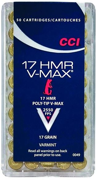 Picture of CCI Varmint Rimfire Ammo - V-MAX, 17 HMR, 17Gr, Poly-Tip V-Max, 50rds Box, 2550fps