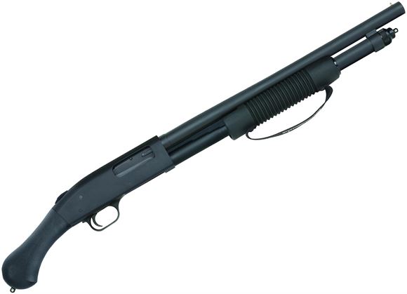 Picture of Mossberg 590 Shockwave Pump Action Shotgun - 12Ga, 3", 18.5", Matte Blued, Black Synthetic Birdhead Stock, 6rds, Bead Sights, Strapped Forend