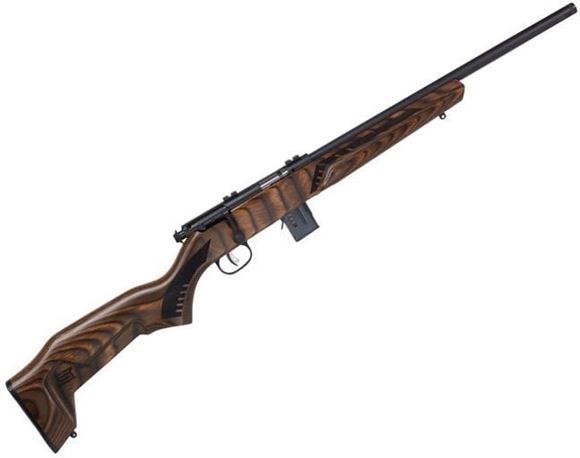 Picture of Savage Arms Minimalist Series, 93 Rimfire Bolt Action Rifle - 22 WMR, 18", Black, Carbon Steel, Brown Minimalist Laminate Stock, 2 Piece Weaver Base, Threaded Muzzle, 10rds, AccuTrigger