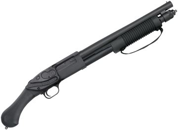 Picture of Mossberg 590 Shockwave Pump Action Shotgun - 12Ga, 3", 14", Matte Blued, Black Synthetic Birdhead Stock, 6rds, Bead Sights, Strapped Forend, With Crimson Trace Laser Saddle