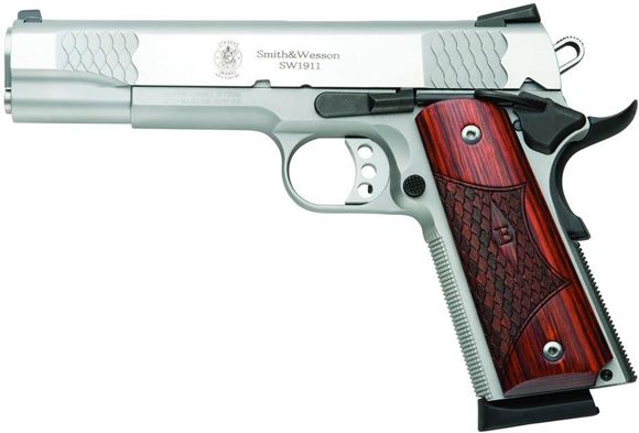Picture of Smith & Wesson (S&W) Model SW1911 E-Series Single Action Semi-Auto Pistol - 45 ACP, 5", Satin Stainless Steel, Wooden Laminate E-Series Grips, 2x8rds, Fixed White 3-Dot Sights