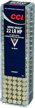 Picture of CCI Varmint Rimfire Ammo - Mini-Mag HP, 22 LR, 36Gr, Copper-Plated HP, 100rds Box, 1260fps