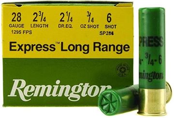 Picture of Remington Upland Loads, Express Extra Long Range Load Shotgun Ammo - 28Ga, 2-3/4", 2-1/4 DE, 3/4oz, #6, 25rds Box, 1295fps