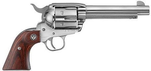 Picture of Ruger New Vaquero Single Action Revolver - 45 Colt, 5.5", High Gloss Stainless, Hardwood Grips, 6rds, Fixed Sights