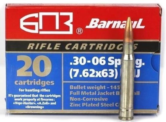 Picture of BarnauL Rifle Ammo - 30-06 Sprg (7.62x63mm), 145Gr, FMJ, Zinc Plated Steel Case, Non-Corrosive, 20rds Box