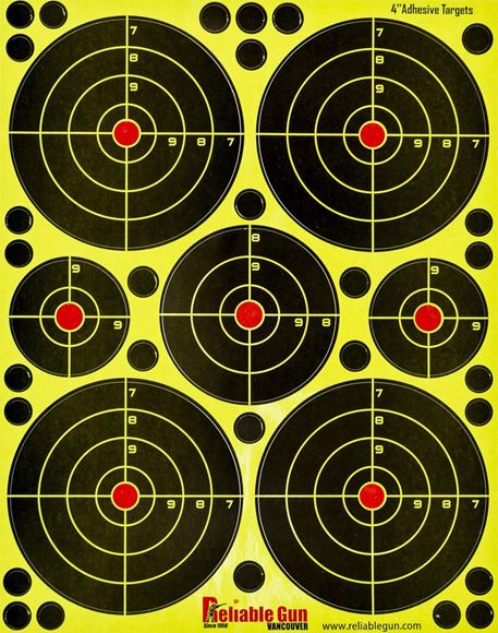 Picture of Reliable Gun Reactive Paper Targets - Adhesive Splatter Targets,11x9" Sheet w/ x4 of 4x4" Bullseye, x2 of 2x2" Bullseye & x1 of 3x3" Bullseye, Hi-Visability, 25 Sheets Per Pack