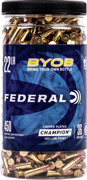 Picture of Federal Champion "BYOB" Rimfire Ammo - 22 LR, 36Gr, Copper-Plated Hollow Point, 450rds Plastic Bottle, 1260fps