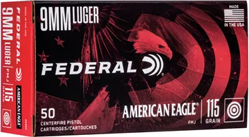 Picture of Federal American Eagle Handgun Ammo - 9mm Luger (9x19mm Parabellum), 115Gr, Full Metal Jacket, 1000rds Case, 1180fps