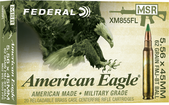 Picture of Federal American Eagle Rifle Ammo - 5.56x45mm NATO, 62Gr, Full Metal Jacket - Boat Tail (M855 Ball), 500rds Case