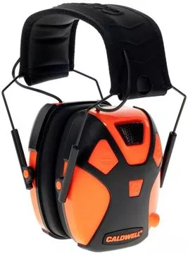 Picture of Caldwell Shooting Supplies Hearing & Eye Protection - E-Max Pro Youth Earmuffs, 23dB NRR, Lightweight & Padded Protection, Low Profile Design, Hot Coral Color (Orange-Pink), x3 AAA Batteries, Input Jack, Volume Controls