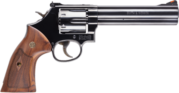 Picture of Smith & Wesson (S&W) Classic Model 586-8 DA/SA Revolver - 357 Mag, 6", Blue, Carbon Steel, Medium Frame (L), Wood Grip, 6rds, Red Ramp Front & Adjustable White Outline Rear Sights