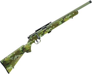 Picture of Savage Arms 17 Series, 93R17 FV-SR Rimfire Bolt Action Rifle - 17 HMR, 16.5" Fluted & Threaded Heavy Barrel, Carbon Steel, Bazooka Green Synthetic Stock, 5rds, One-Piece Scope Base, AccuTrigger