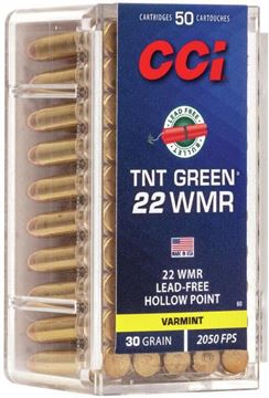 Picture of CCI 0060 TNT Green Rimfire Ammo 22 WIN MAG, TNT Green HP, 30 Grains 2050 fps, 50 Rounds, Boxed