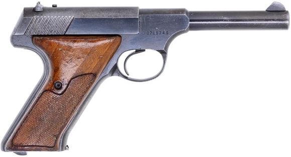 Picture of Colt Huntsman Surplus Semi-Auto Rimfire Pistol -  22 LR, 4.5", Blued, Fixed Sights, Wood Grips, One Mag, Bluing Wear & Minor Pitting on Slide & Muzzle, Fair Condition