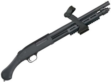 Picture of Mossberg 590 Shock'n'Saw Pump Action Shotgun - 12Ga, 3", 14.3", Heavy-walled, Matte Blued, Black Raptor Grip & Aluminum MLOK Railed Forend w/ Chainsaw Grip, 5rds, Front Bead Sight, Fixed Cylinder