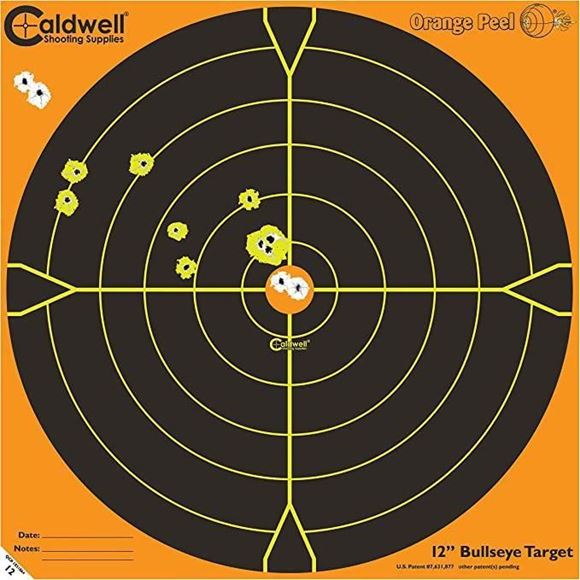 Picture of Caldwell Shooting Supplies Paper Targets - Orange Peel Bullseye Targets, 12", Orange, Adhesive-Backed, Featuring Dual-Color Flake-Off Technology, 50 Sheet Pack