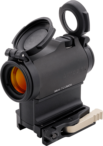 Picture of Aimpoint Red Dot Sights - Micro T-2, 2 MOA, w/ LRP Mount & 39mm Spacer, 8 DL & 4 NVD, Matte Black, 25m Submersible, CR2032, 50,000 hours, Lens Covers Included