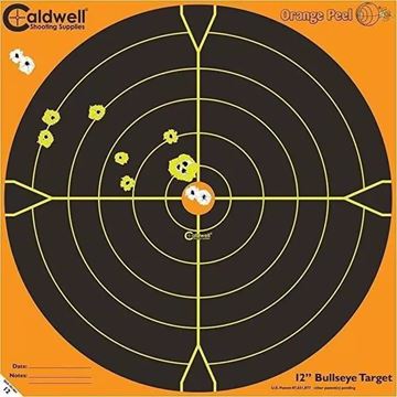 Picture of Caldwell Shooting Supplies Paper Targets - Orange Peel Bullseye Targets, 12", Orange, Adhesive-Backed, Featuring Dual-Color Flake-Off Technology, 10 Sheets Pack
