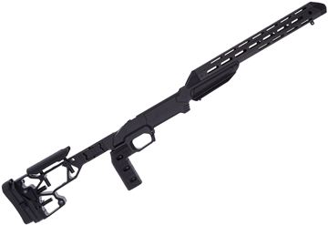 Picture of Used MDT ESS Chassis, Left Handed, Rem 700 LA Inlet, Locking & Folding Adjustable Buttstock, Arca Rail Handguard Adapter, Carbon Fiber 15" Enclosed Handguard, Vertical Grip, Very Good Condition