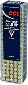 Picture of CCI Varmint Rimfire Ammo - Mini-Mag HP, 22 LR, 36Gr, Copper-Plated HP, 5000rds Case, 1260fps