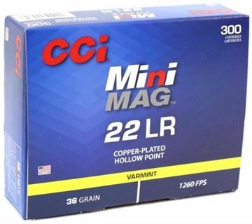 Picture of CCI Varmint Rimfire Ammo - Signature Mini-Mag, 22 LR, 36Gr, Copper-Plated HP, 300rds Box, 1260fps