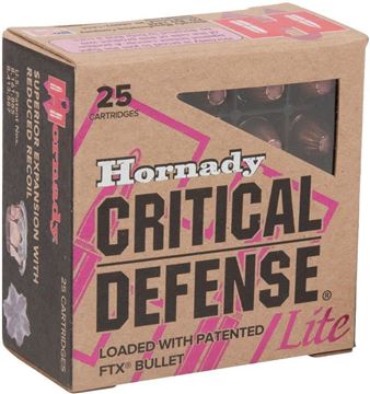 Picture of Hornady 90240 Critical Defense Lite Pistol Ammo 9MM, FTX, 100 Gr, 1125 fps, 25 Rnd, Boxed