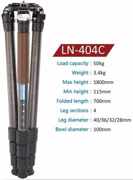 Picture of Leofoto LN-404 Modular Carbon Fiber Tripod - 40mm, Carbon Fiber Legs, Solid Locking Tube, 50kg Capacity, 100mm Bowl Diameter, 3/8 Mounting Stud, Bubble Level
