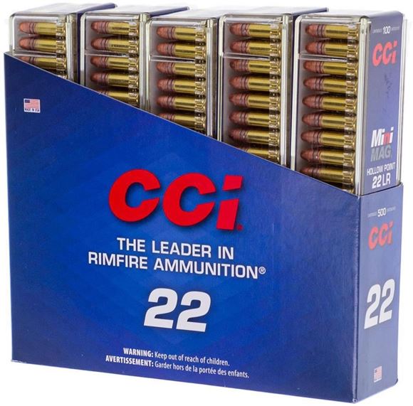 Picture of CCI Varmint Rimfire Ammo - Mini-Mag HP, 22 LR, 36Gr, Copper-Plated HP, 500rds Brick, 1260fps