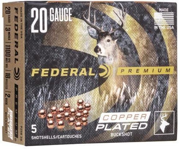 Picture of Federal Premium Shotgun Ammunition - 20ga, 3", 2 Buck, 18 Pellets, Copper-Plated, 1100fps, 5rds Box