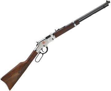 Picture of Henry Sliver Boy Rimfire Lever Action Rifle - 22 LR, 20" Octagon Blued Steel, Nickel Plated Receiver, Receiver Engraving with 14K Rose Gold Embellished Rose with Scroll, Semi-Buckhorn Rear Sight, Brass Bead Front Sight, American Walnut Stock, 12rds
