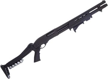 Picture of Used Remington 870 Pump Action Shotgun, 12ga, 18.5'', 3" Chamber, Bead Sight, Parkerized Finish, Extended Mag Tube, Red Anodized Mag Follower, Magpul Forend w/Angled Foregrip, Polymer Top Folding Stock, Very Good Condition